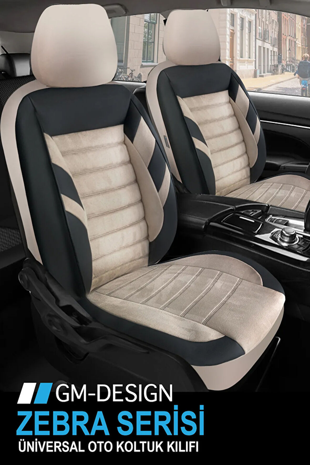 Landrover 88  Uyumlu 5 KOLTUK TAM SET ZEBRA SERİSİ TAM SET TAY TÜYÜ OTO KOLTUK KILIFI BEJ-SİYAH