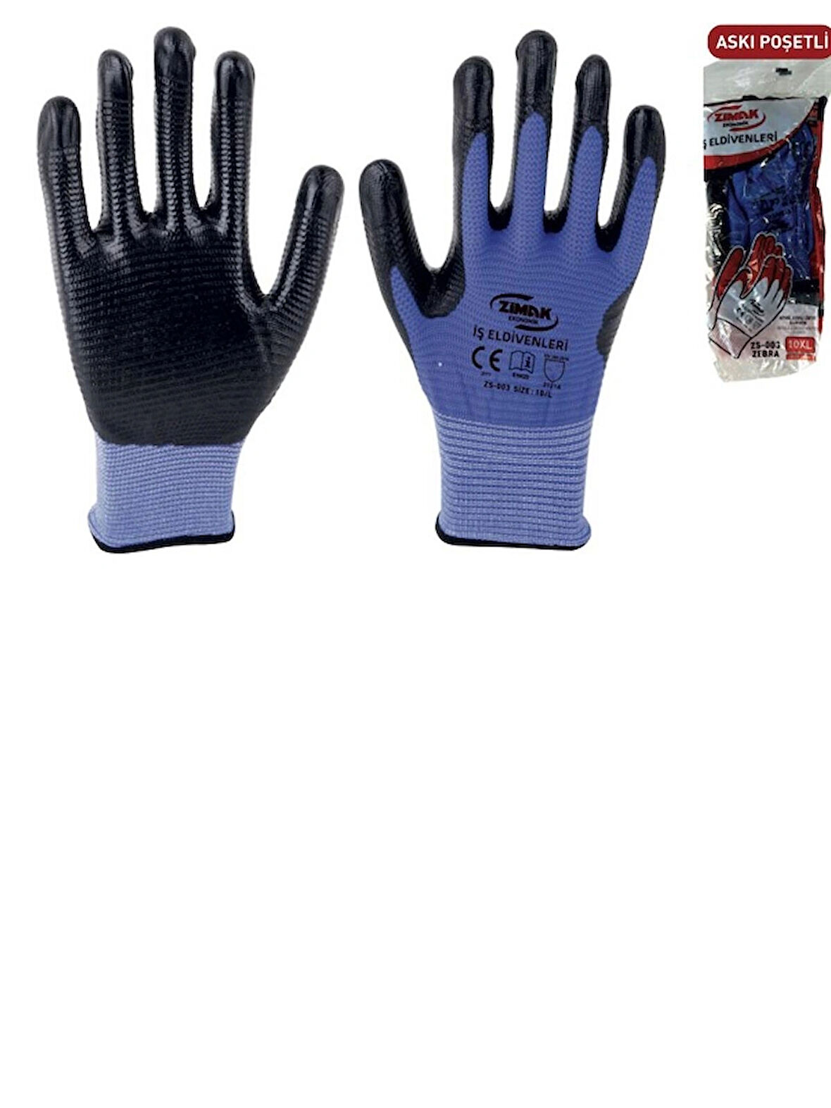 ZİMAK ZS-003 MAVİ SİYAH ZEBRA EKO 1/2 NİTRİL KAPLI TIRTIKLI ZEBRA İŞ ELDİVENİ EKONOMİK