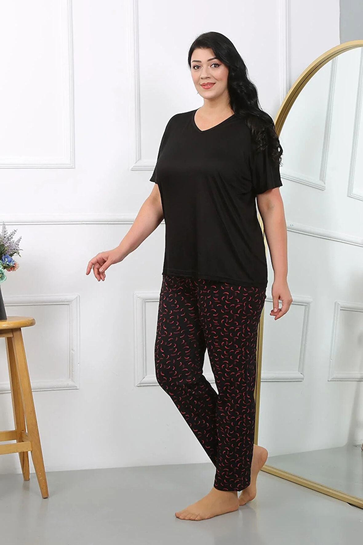 Kadın Büyük Beden Kısa Kol Penye Pijama Takımı Siyah