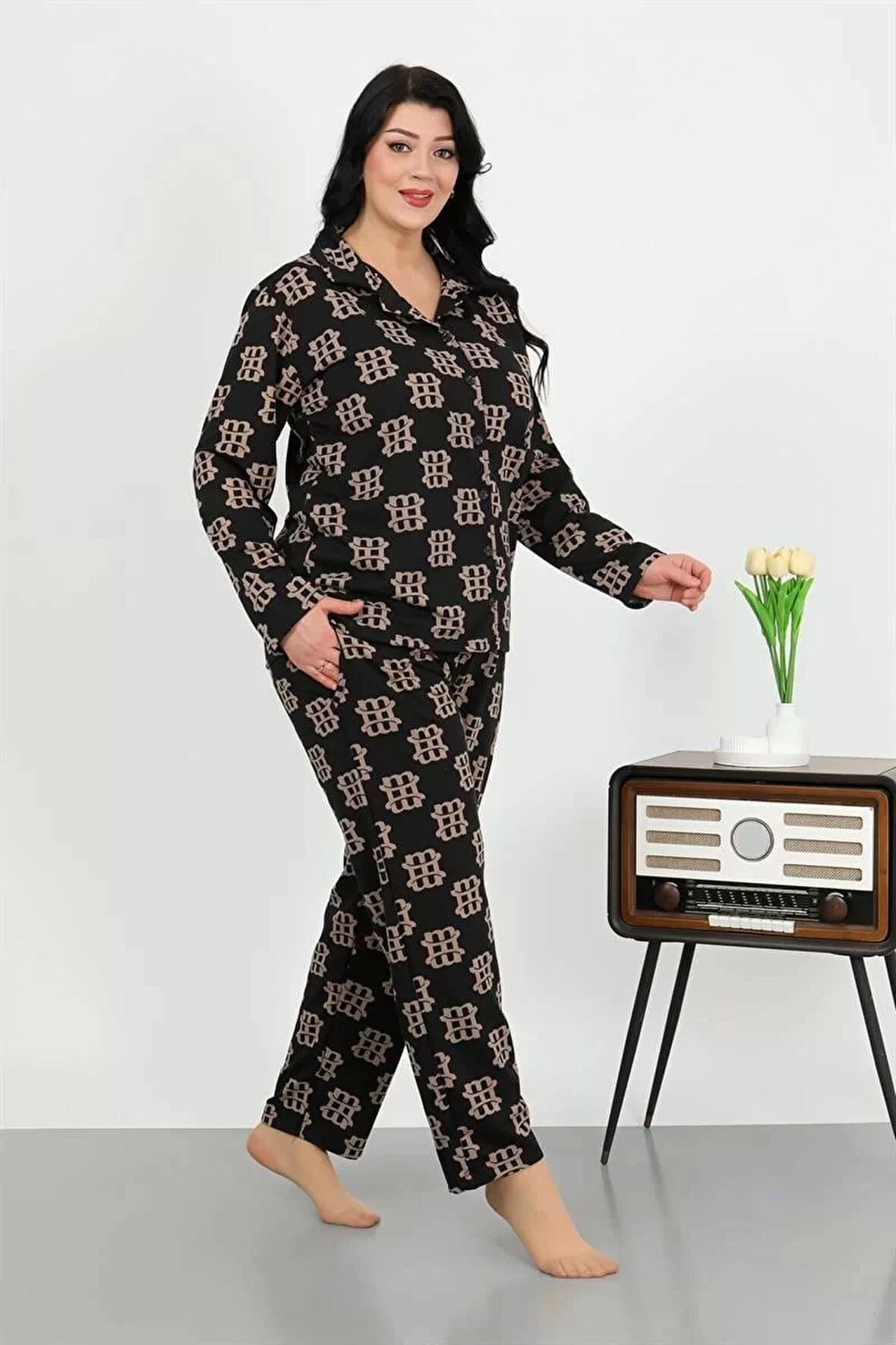 Kadın Büyük Beden Pamuklu Cepli Düğmeli Siyah Pijama Takım