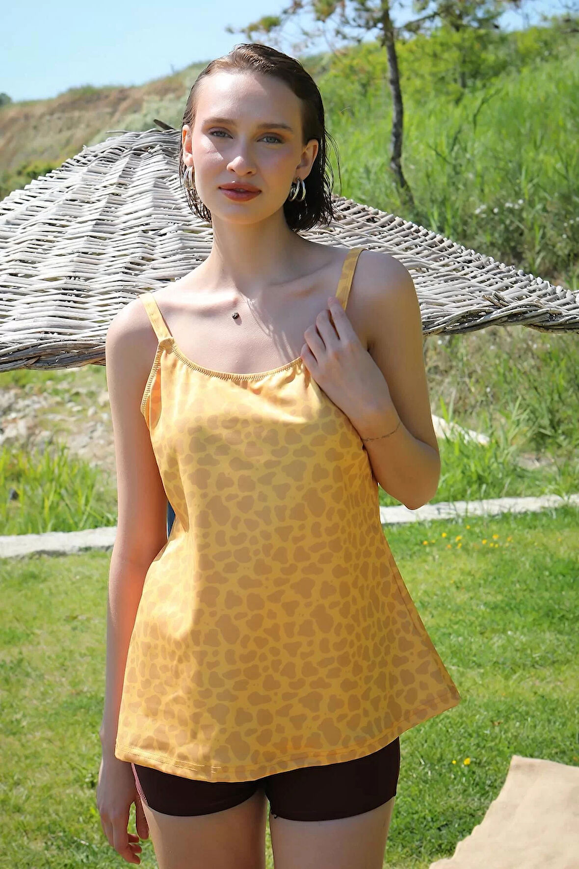 Kadın Şortlu Tankini Elbise Mayo Sarı