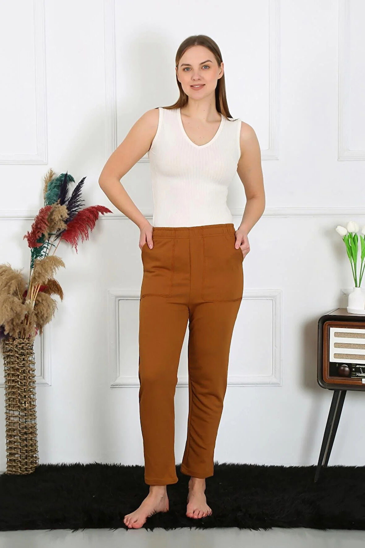 Kadın Pamuk Cepli 3 İplik Alt Eşofman Kahve