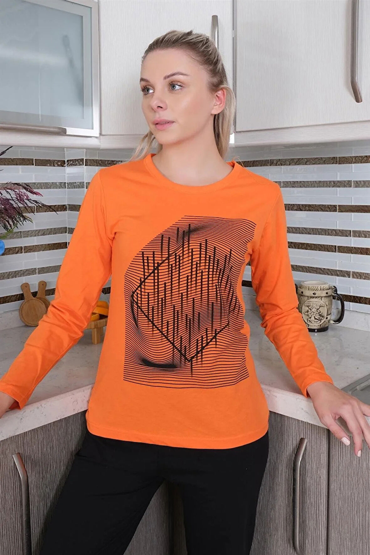 Kadın Uzun Kol Penye Pijama Takım Turuncu