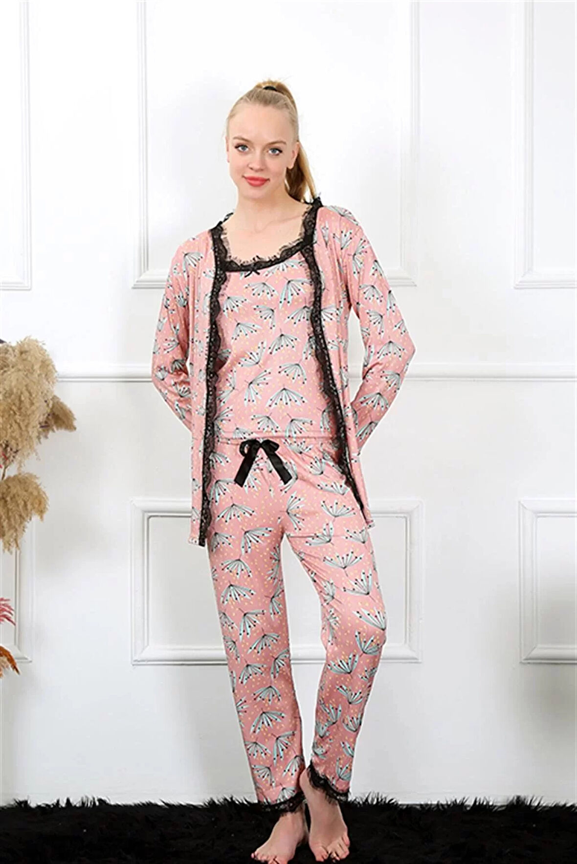 Kadın 3'lü Somon Sabahlık Pijama Takım