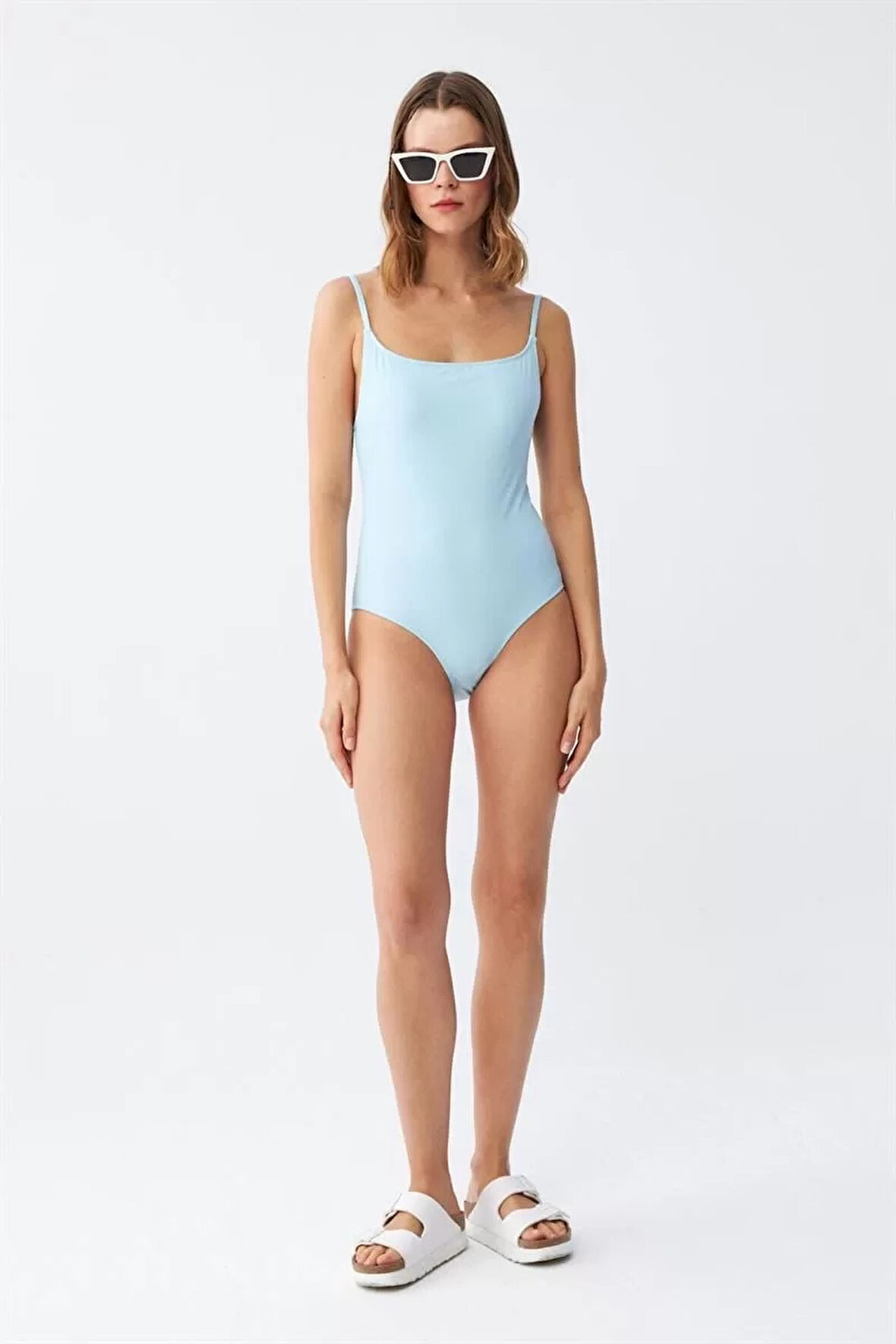 Kadın Buz Mavisi İnce Askılı Düz Tek Parça Mayo