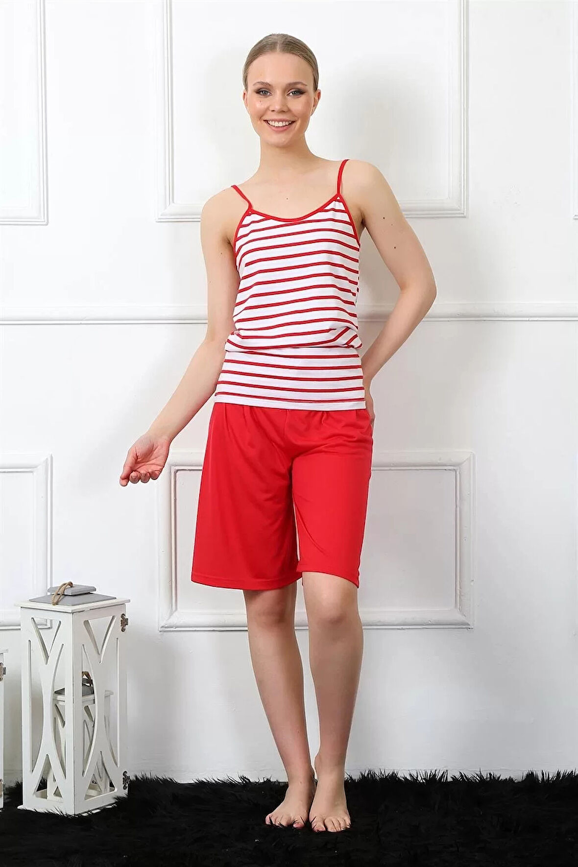 Kadın İp Askılı Kapri Takım Kırmızı