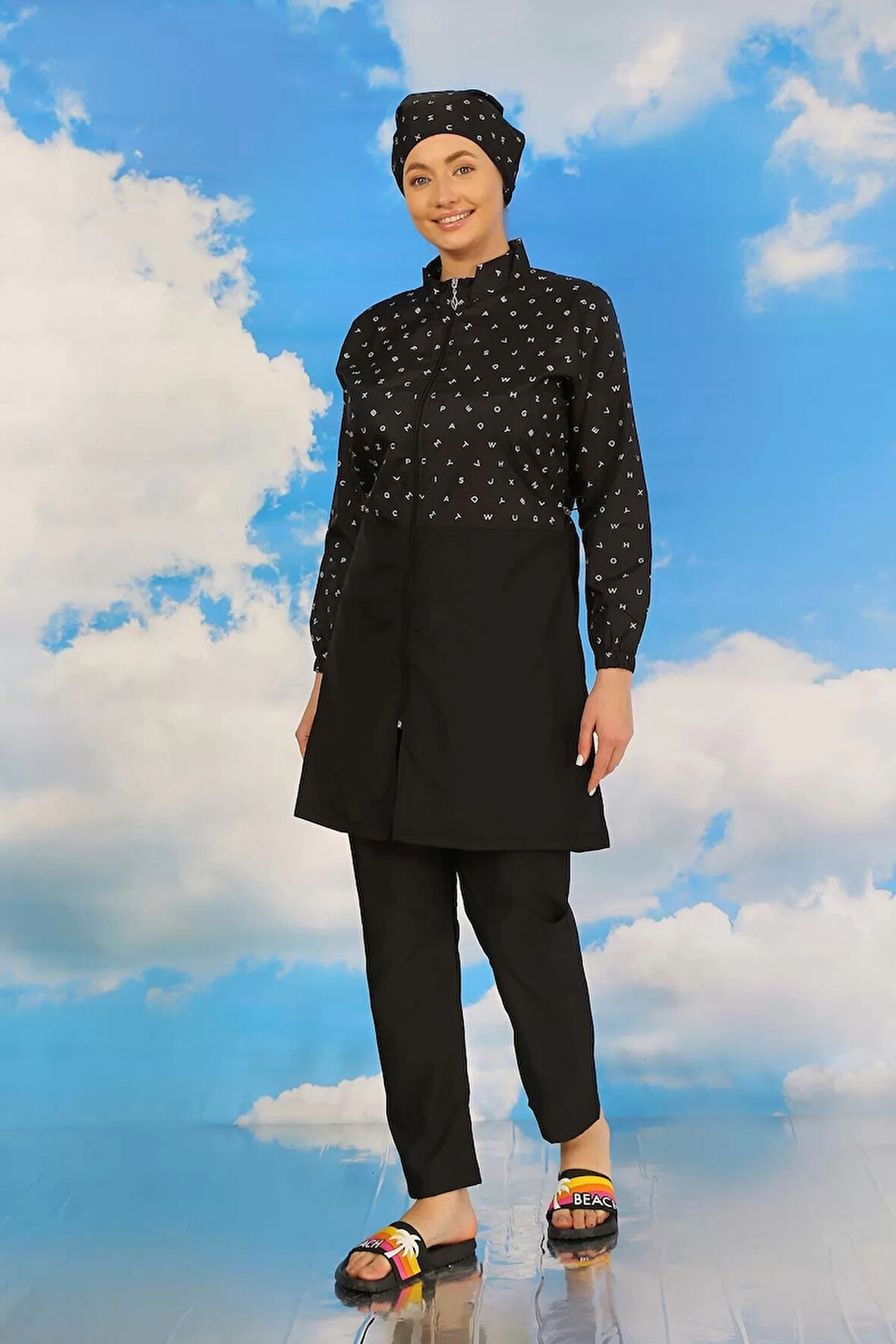 Kadın Pantolonlu Desenli Tam Tesettür Mayo Siyah