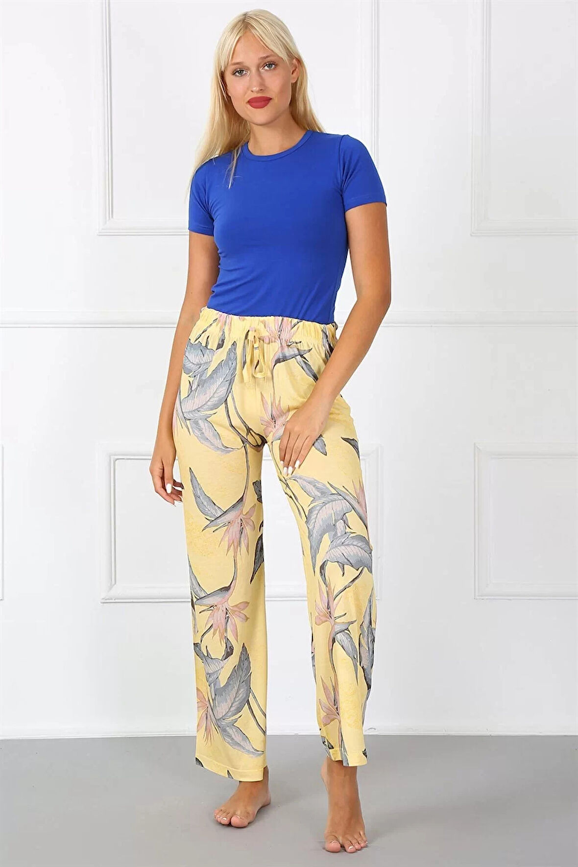 Bayan Penye Bol Paça Pantolon Sarı