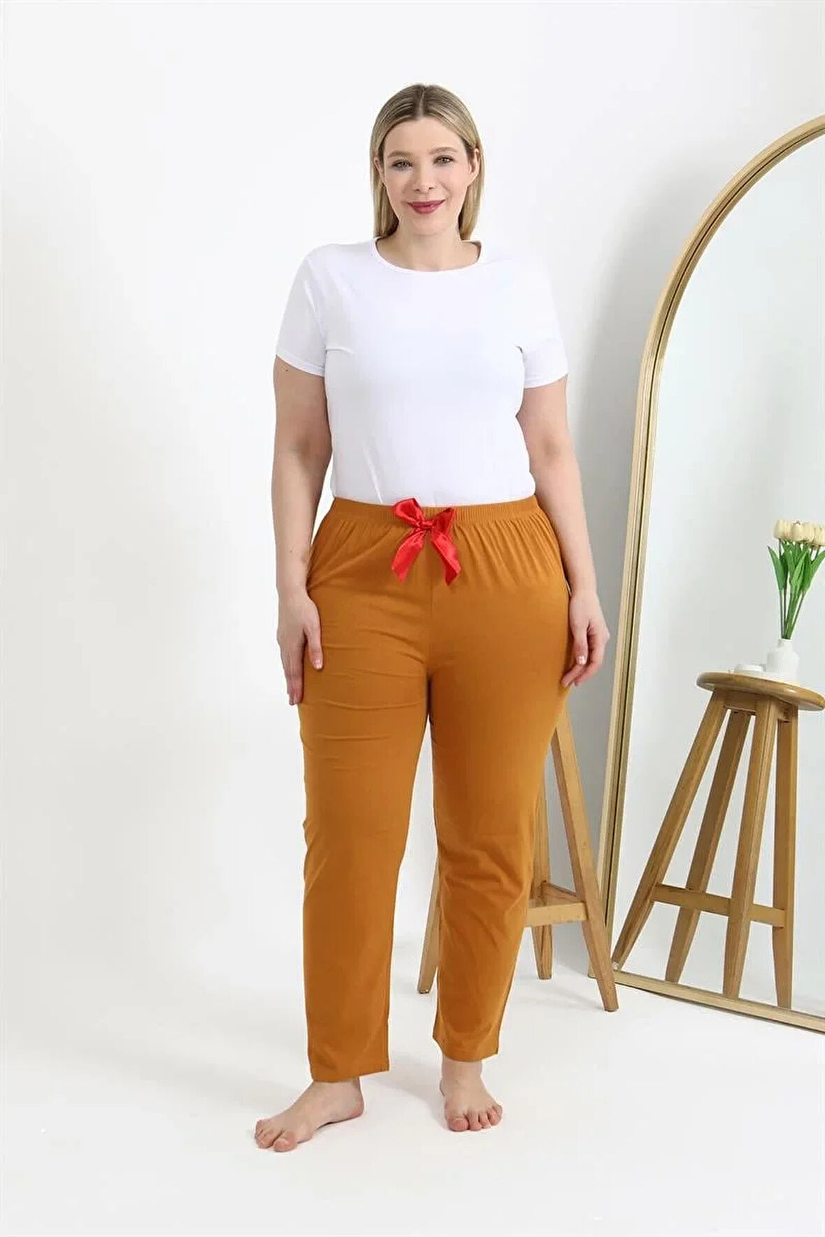 Kadın Pamuklu Büyük Beden Alt Pijama Hardal