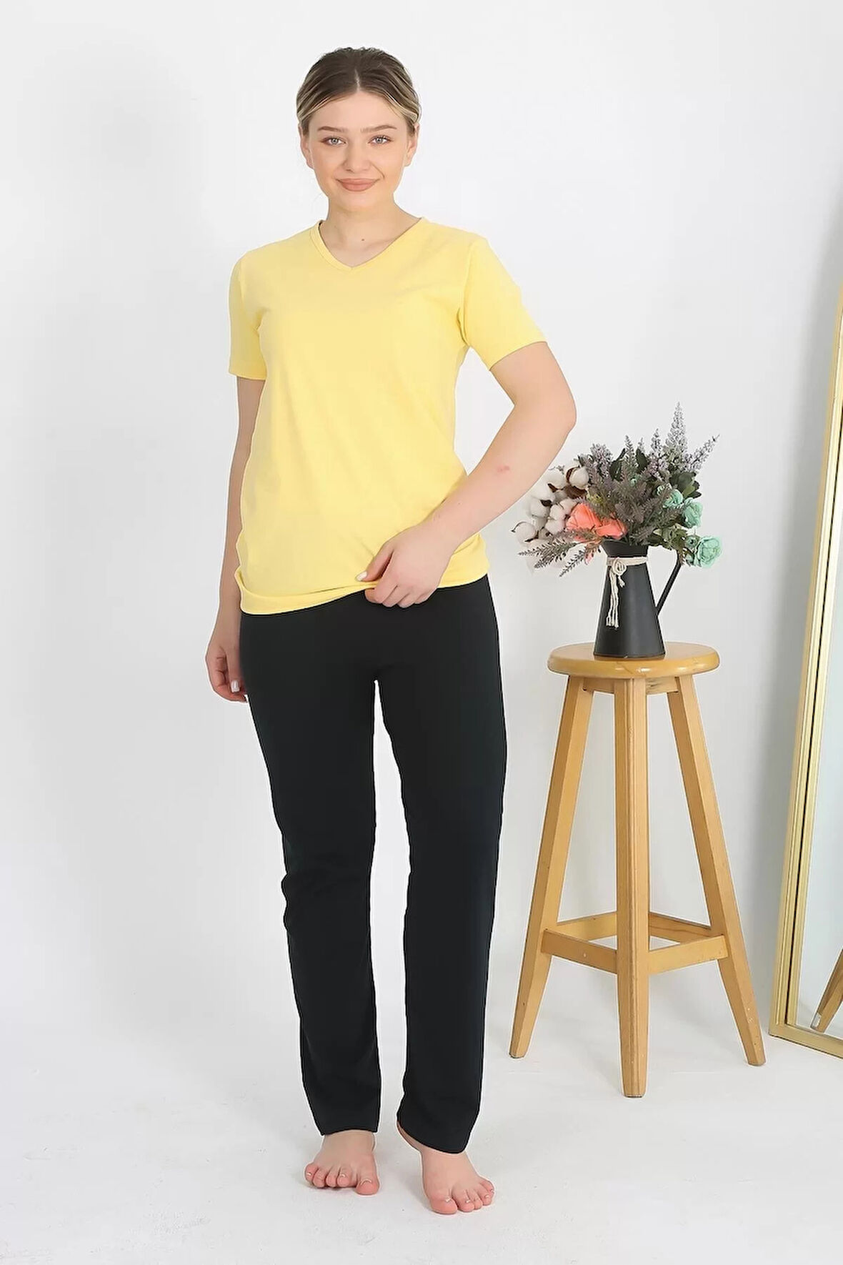 Kadın Kısa Kol Pamuk Penye Pijama Takım Sarı