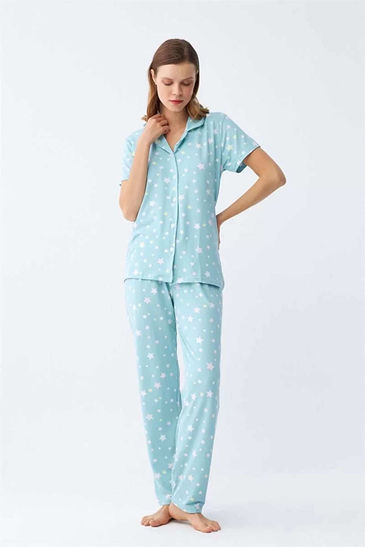Kadın Buz Mavisi Yıldız Desenli Önden Düğmeli Pijama Takımı