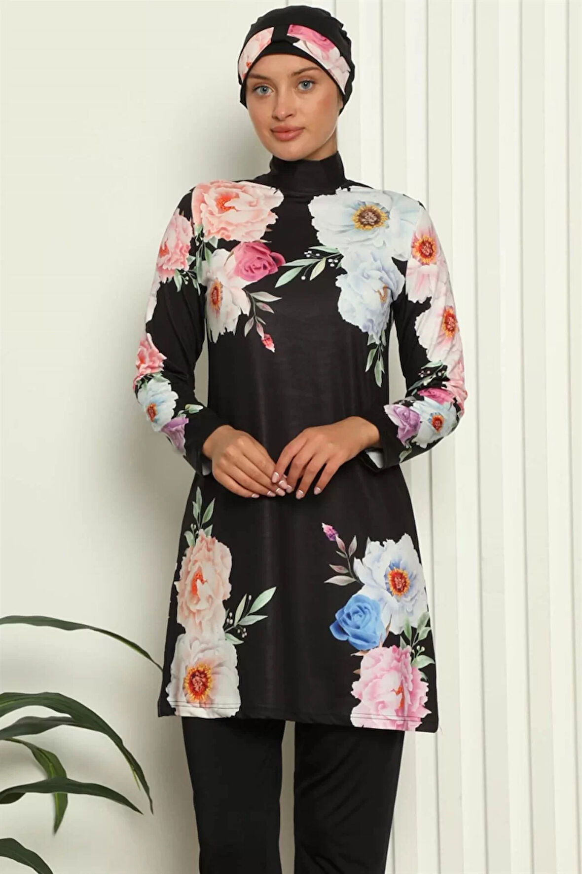 Tam Tesettür Dijital Desenli Mayo Siyah