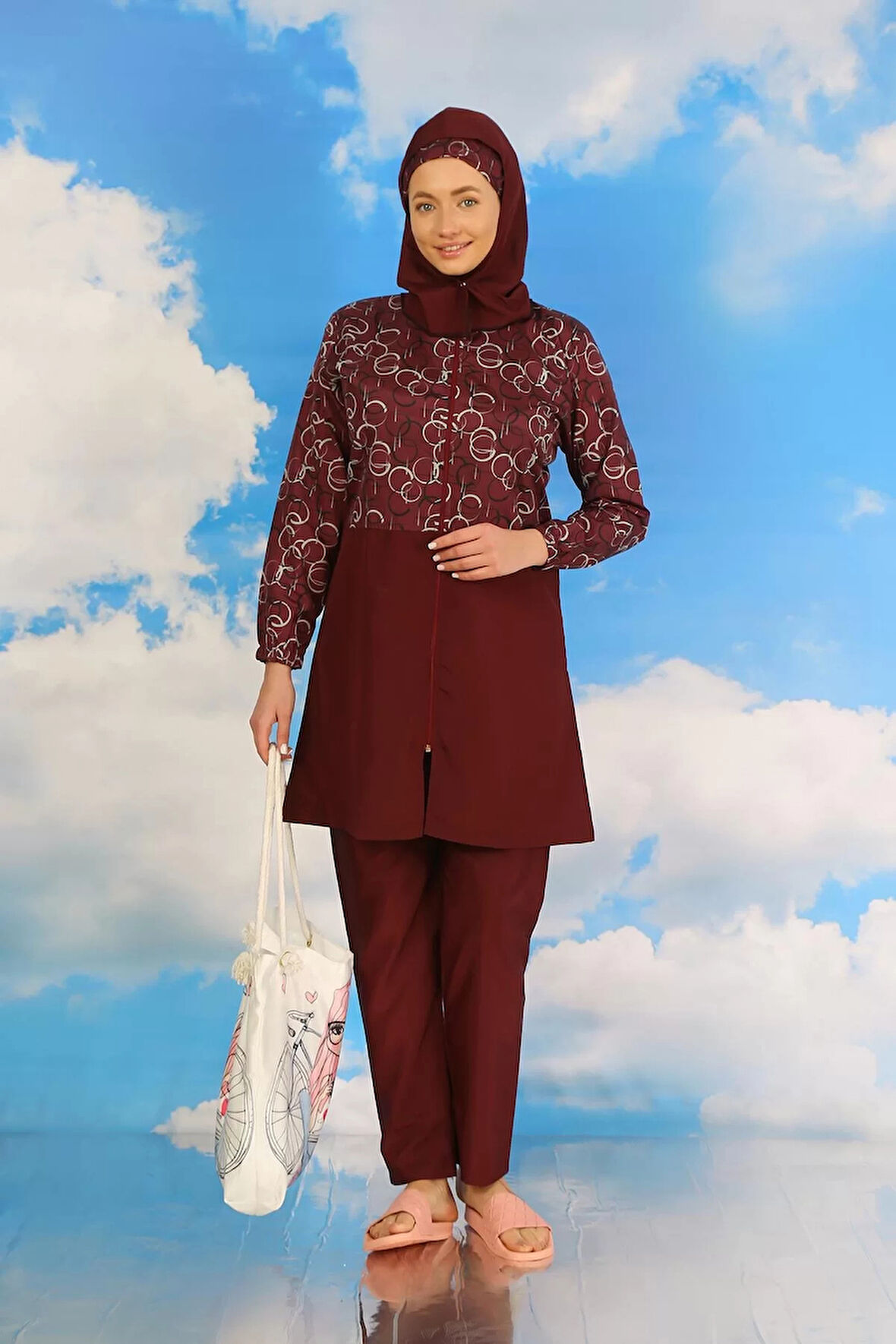 Kadın Pantolonlu Desenli Tam Tesettür Mayo Bordo