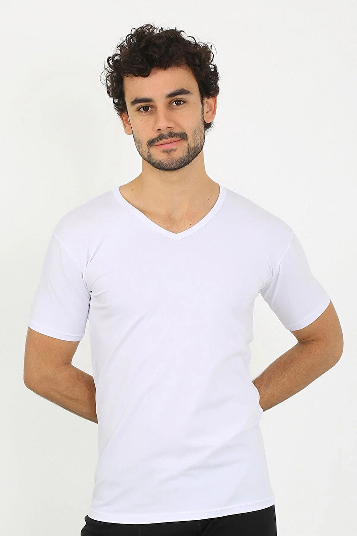 Erkek Likralı V Yaka Beyaz T-Shirt