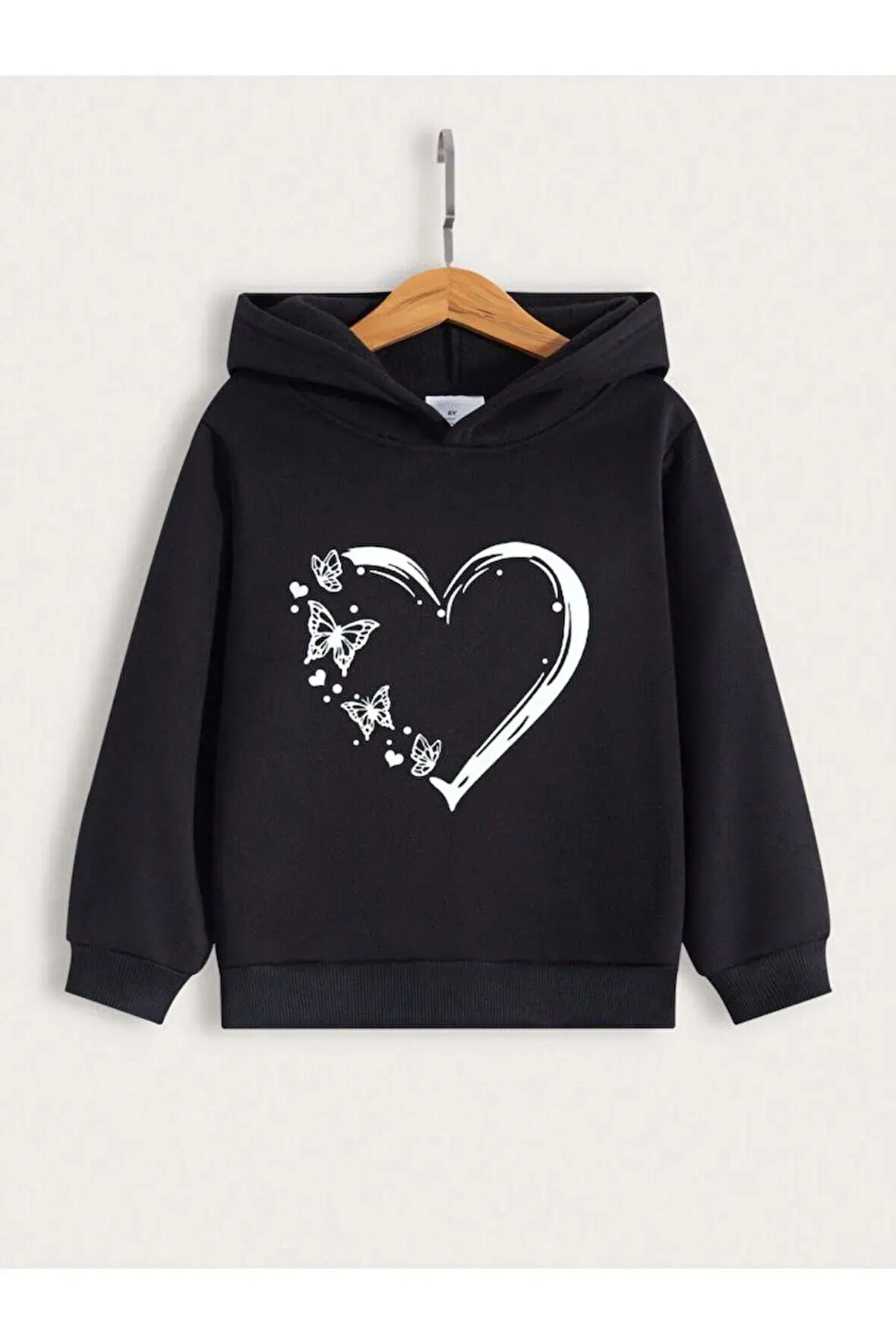 Kız Çocuk Siyah Kalpli Kelebekler Kalp Baskılı Sweatshirt