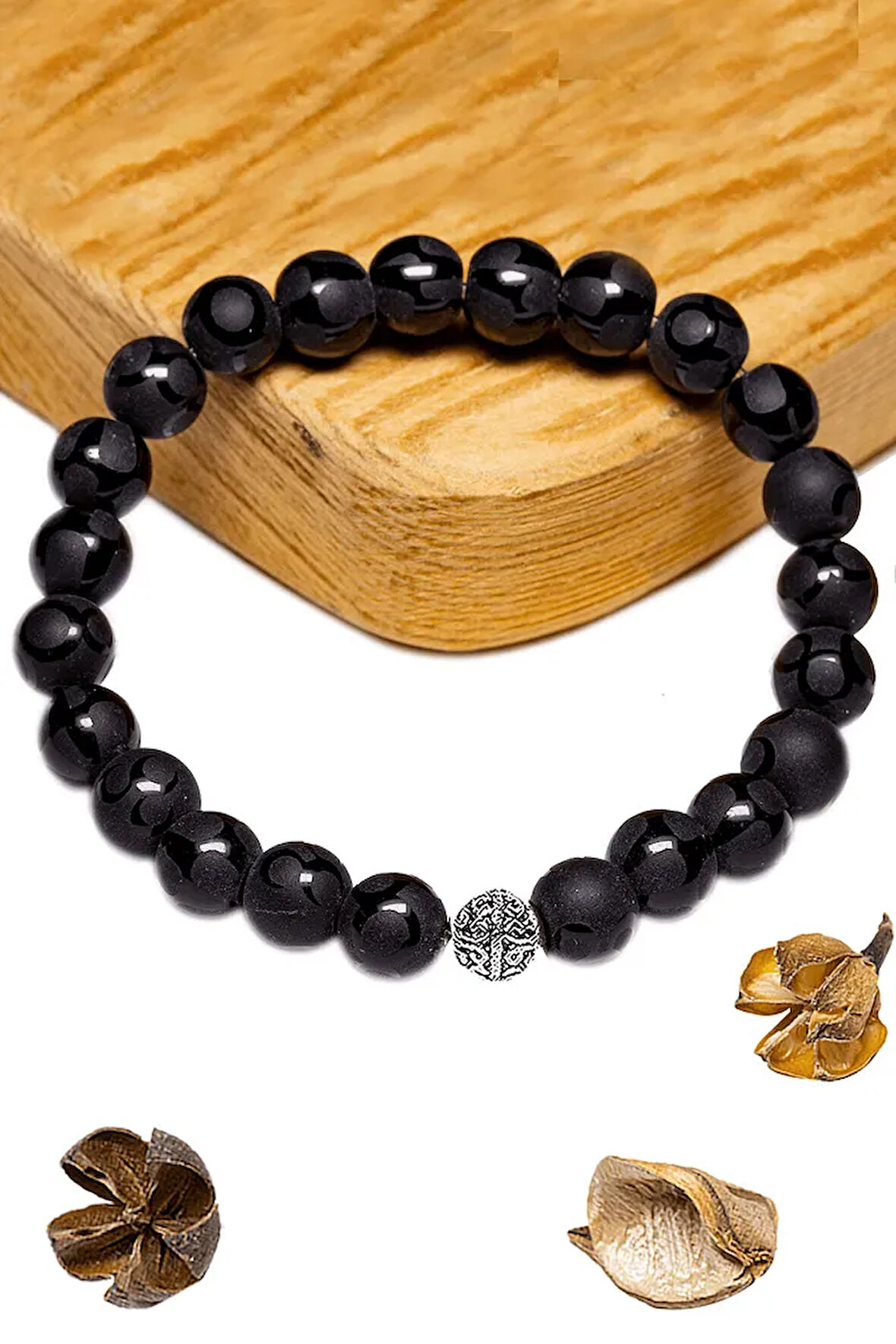 Sertifikalı Üç Hilal Mix Desenli Hakiki Oniks Taşı Bileklik - Gümüş Aparatlı