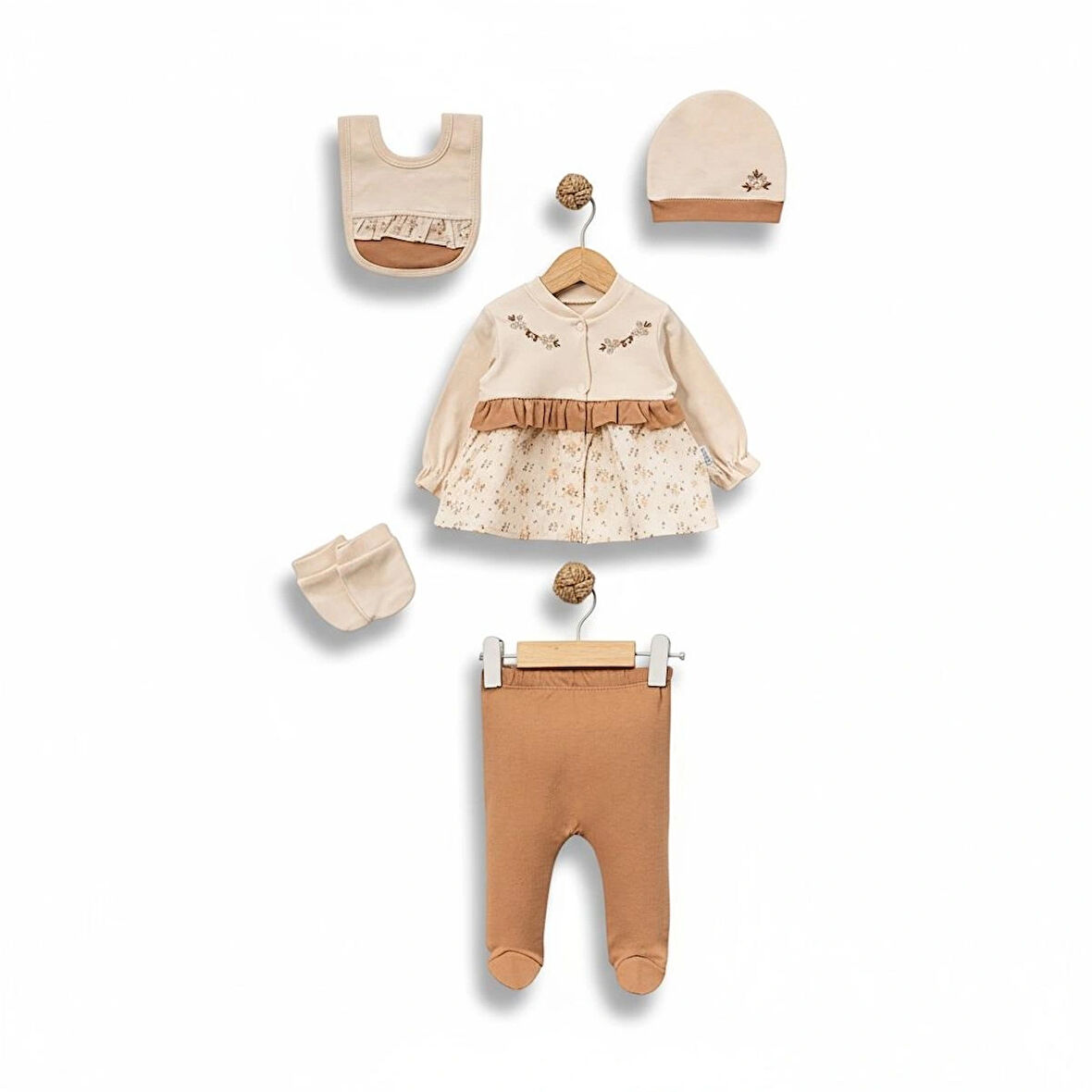 KIZ BEBEK 0-3 AY ÇİÇEK NAKIŞLI ORGANİK PAMUK 5 Lİ SET