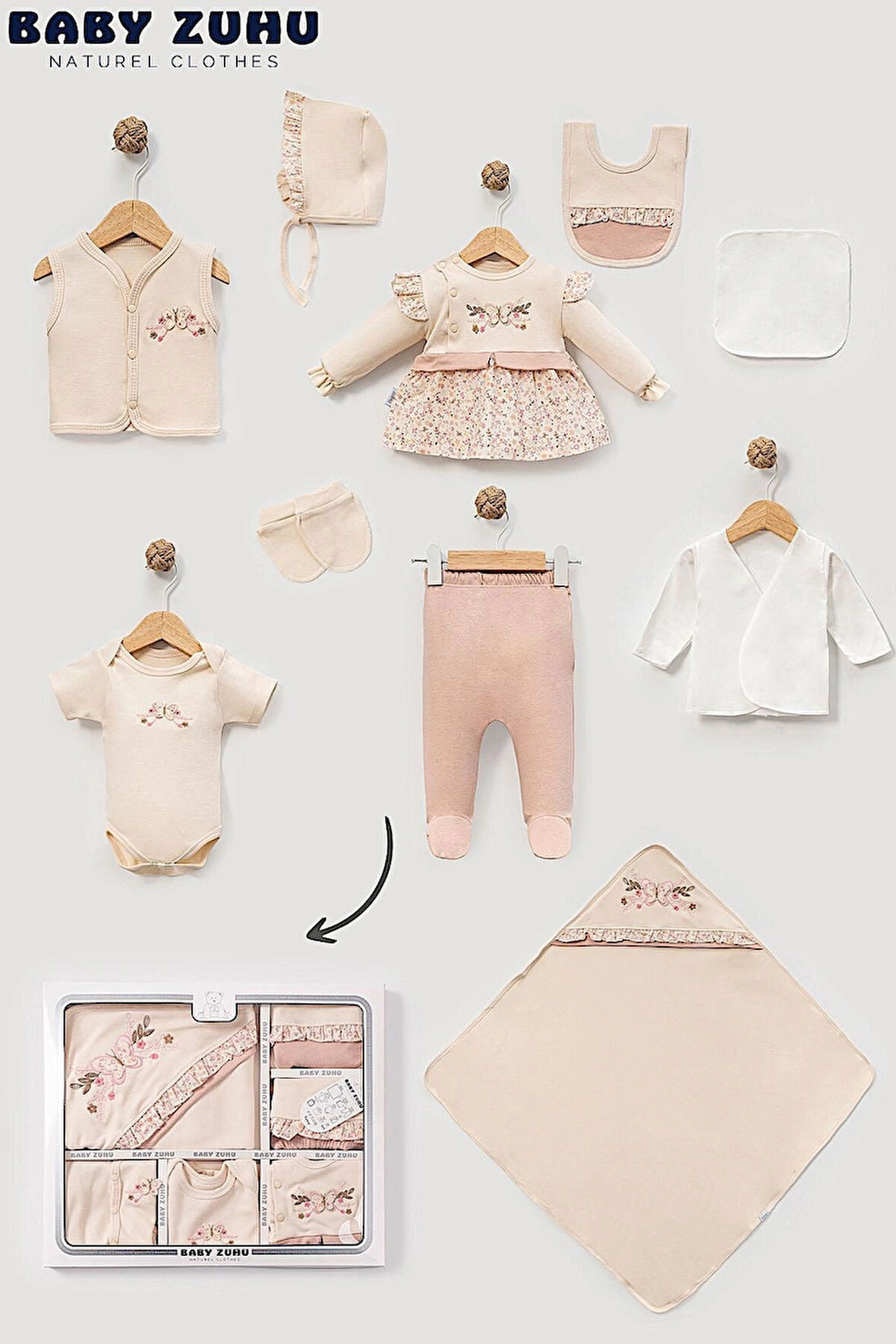 KIZ BEBEK 0-3 AY ORGANİK PAMUKTAN ÇİÇEKLİ KELEBEK NAKIŞLI 10 LU HASTANE ÇIKIŞ ZIBIN SETİ