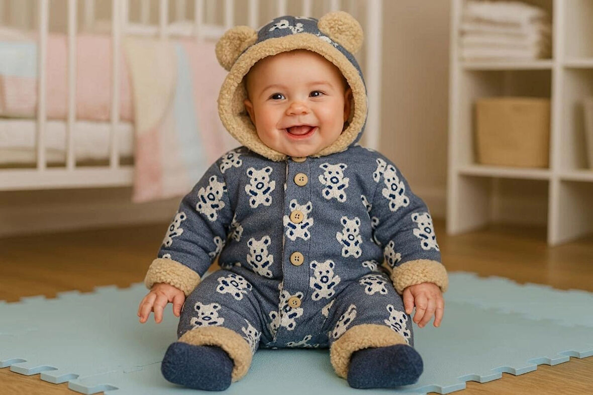  0-3 Ay Erkek Bebek Içi Kuzu Astarlı Dışı Jakarlı Desen  Nakışlı Düğmeli  Kapşonlu Tulum