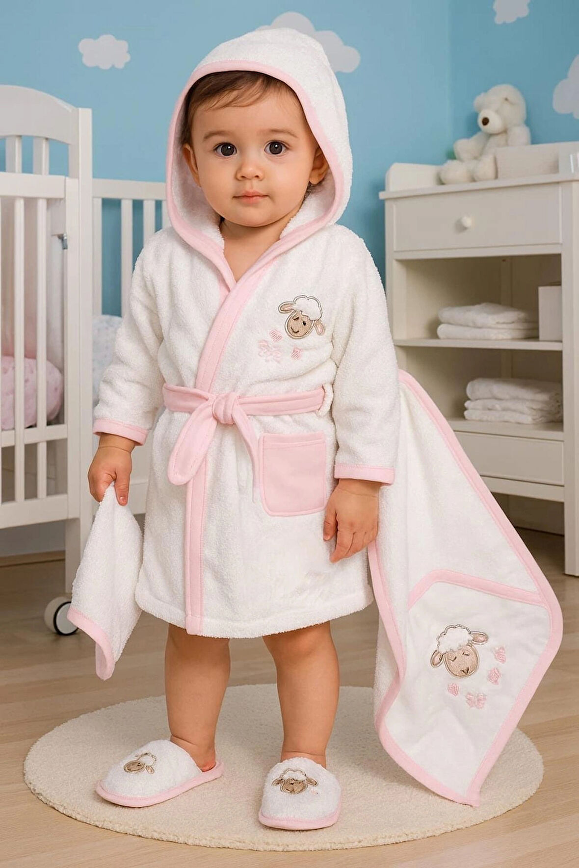 SEVİMLİ KUZU NAKIŞLI  BORNOZ SETİ %100 PAMUKTAN. 4 PARÇA 0-3 YAŞ