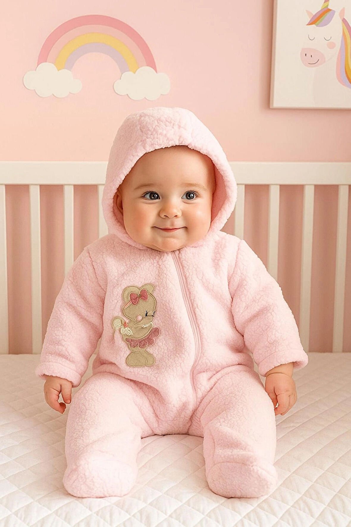 3-12 AY  SEVİMLİ HAYVAN NAKIŞ İŞLEMELİ KAPŞONLU FERMUARLI EKSTRA YUMUŞAK WELSOFT KUZU TULUM