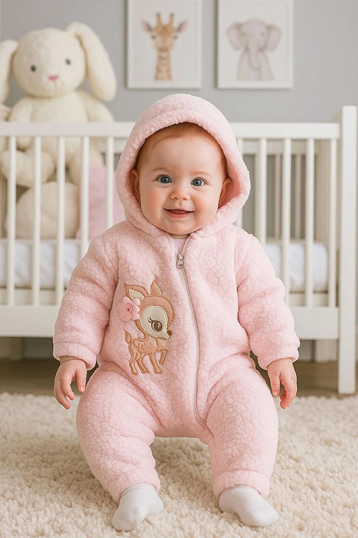 3-12 AY  SEVİMLİ HAYVAN NAKIŞ İŞLEMELİ KAPŞONLU FERMUARLI EKSTRA YUMUŞAK WELSOFT KUZU TULUM