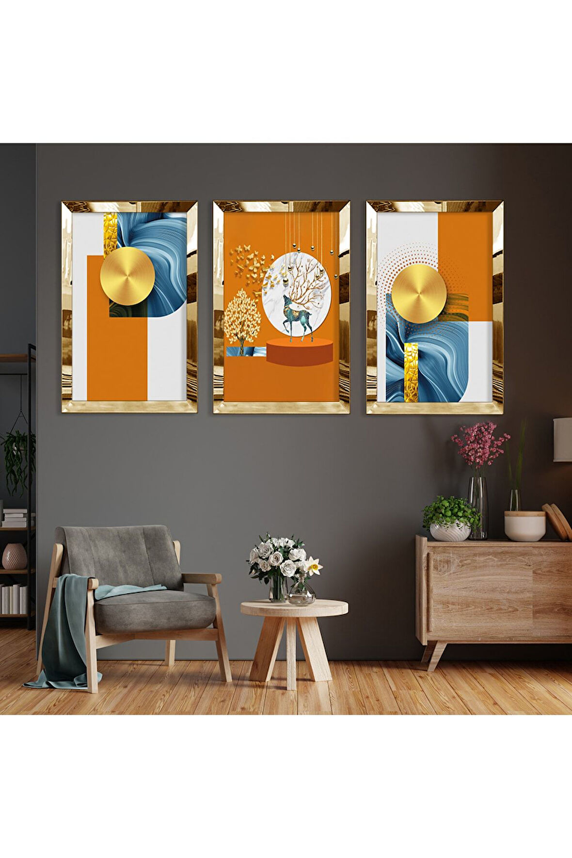 Soyut Desen Gold Pleksi Kenar Üçlü Mdf Tablo Seti