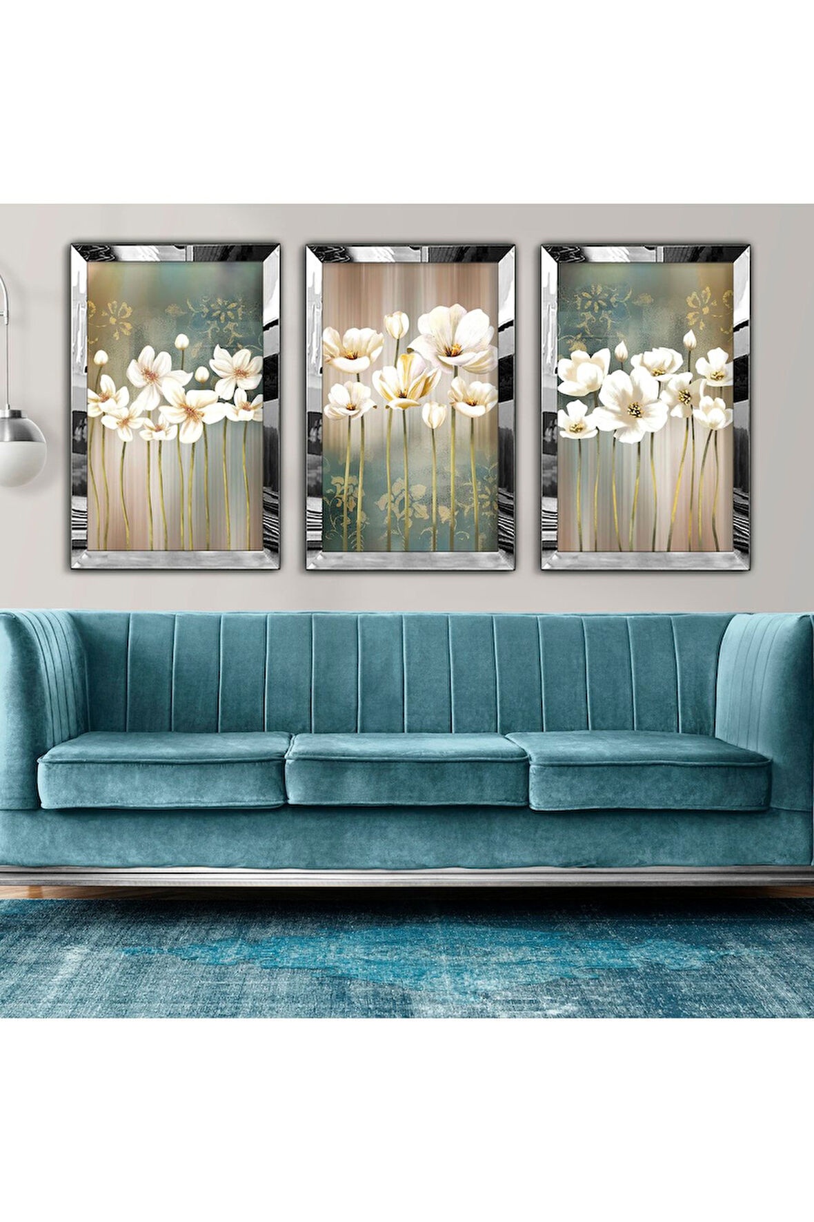 Gold Aynalı Pleksi Çerçeveli Kolaj Çizim Üçlü Mdf Tablo Seti