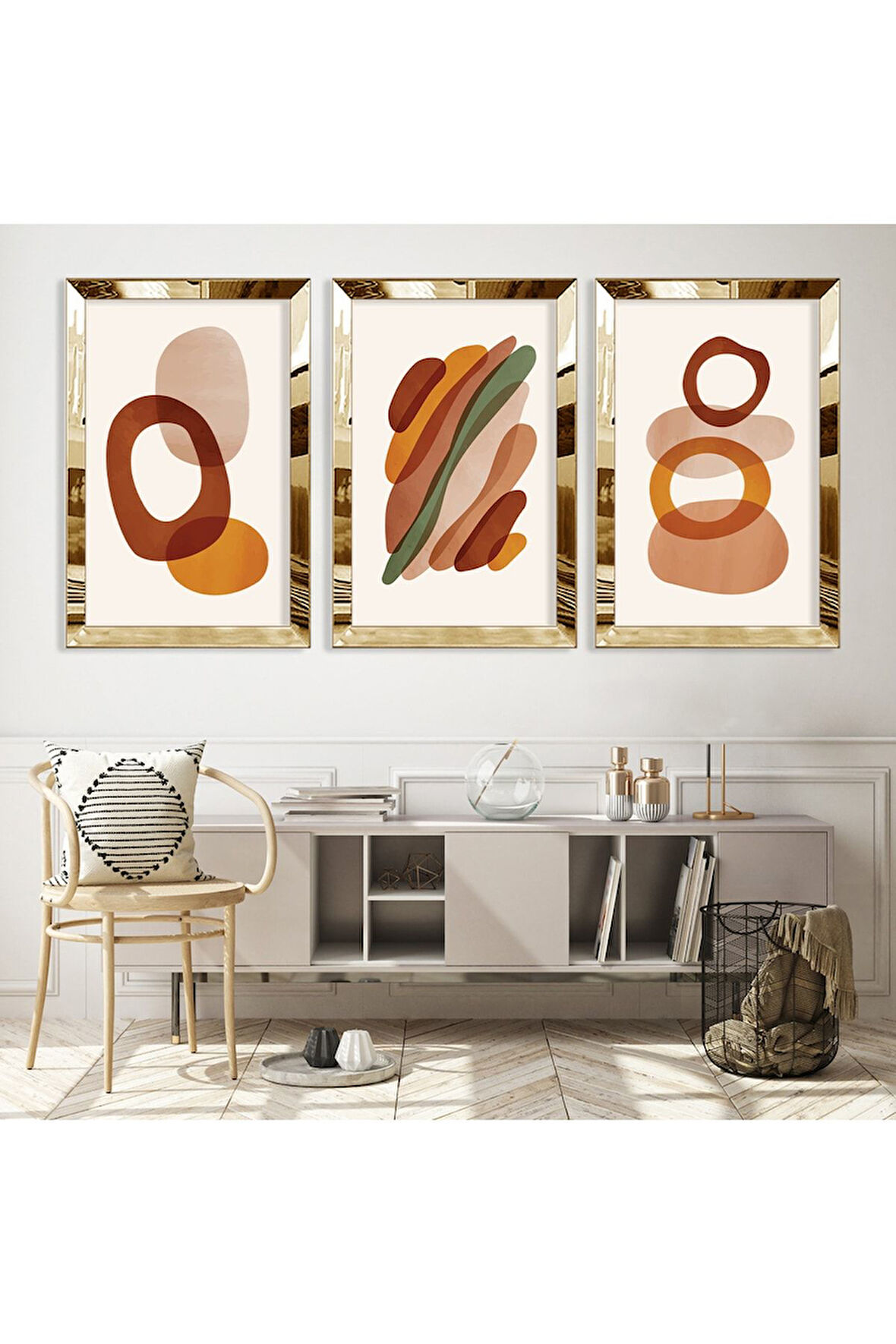 Minimalist Soyut Desen Gold Pleksi Kenar Üçlü Mdf Tablo Seti