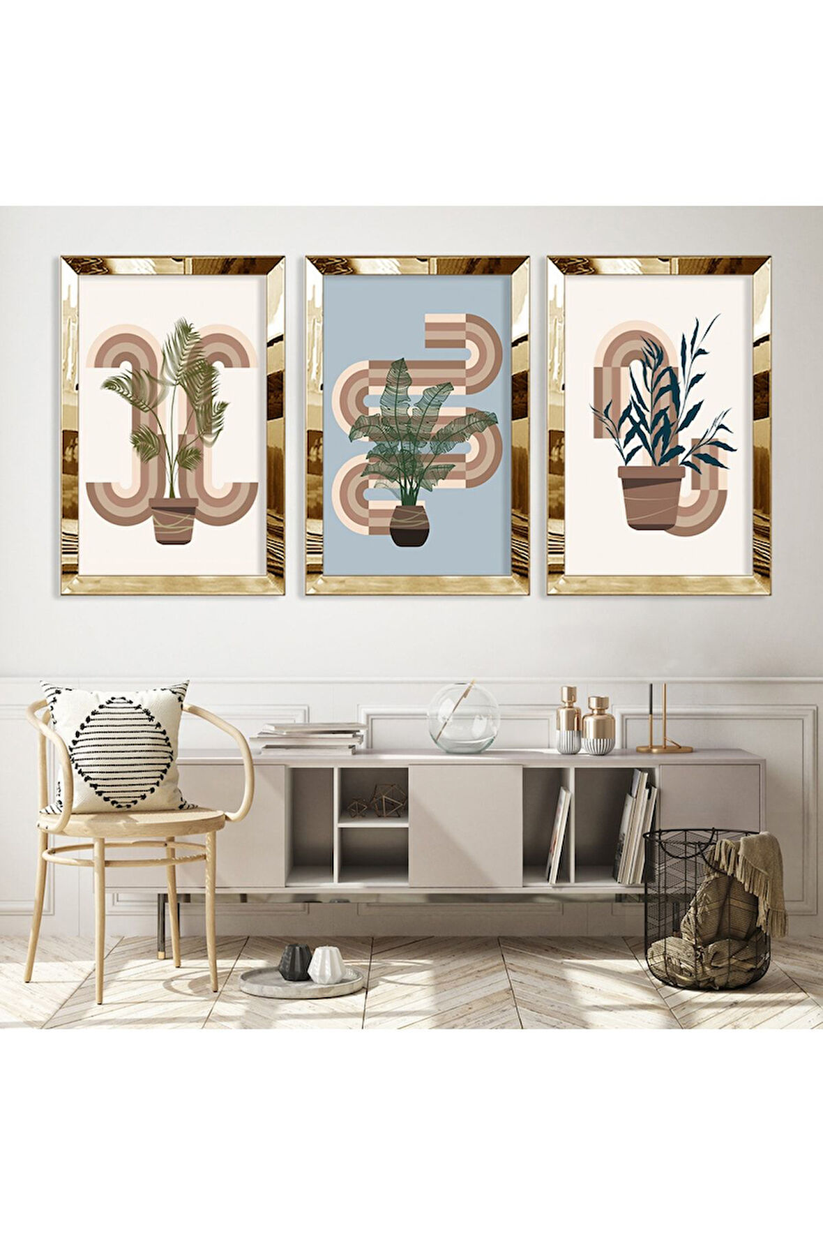 Minimalist Çiçek Soyut Desen Gold Pleksi Kenar Üçlü Mdf Tablo Seti