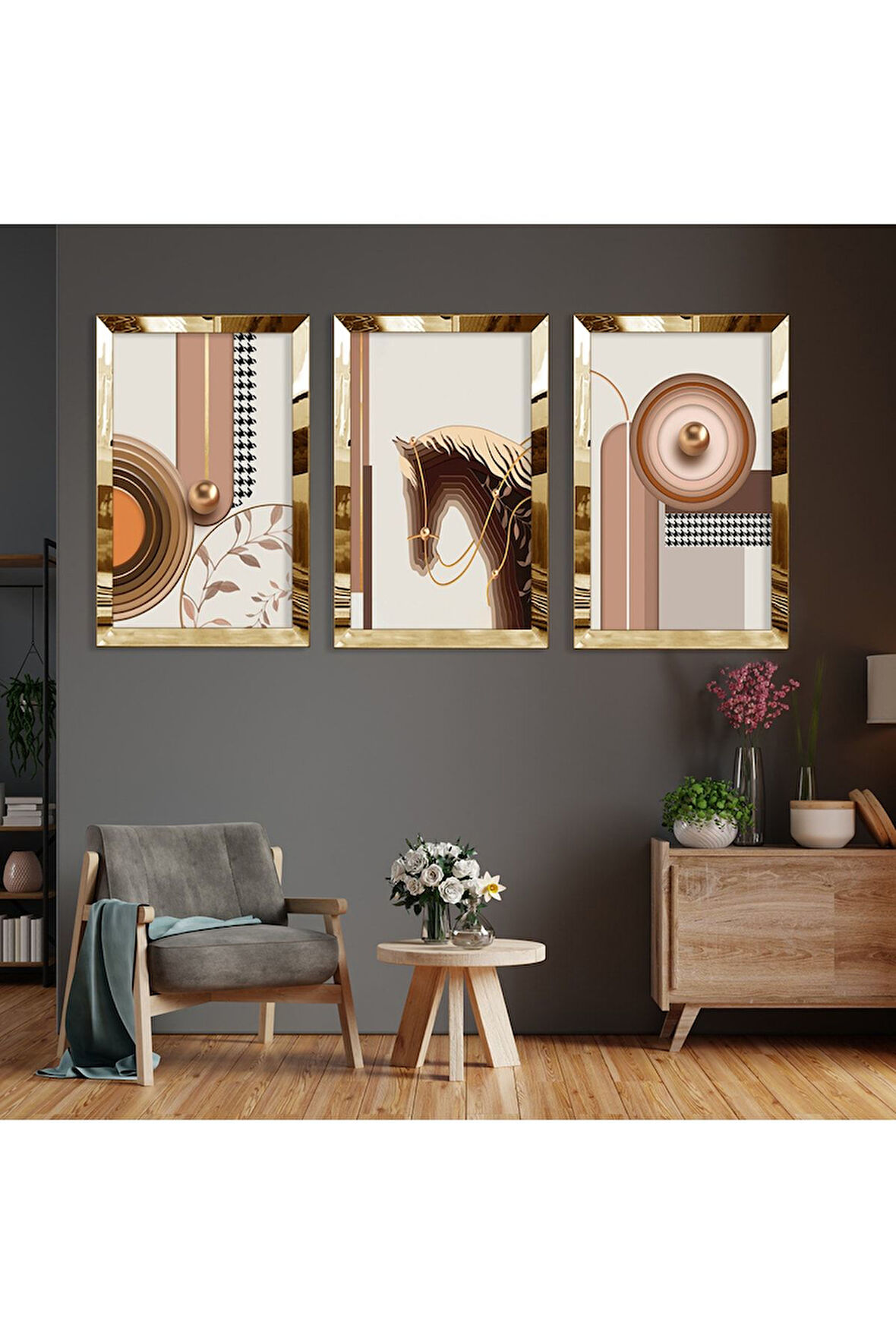 At Soyut Desen Gold Pleksi Kenar Üçlü Mdf Tablo Seti