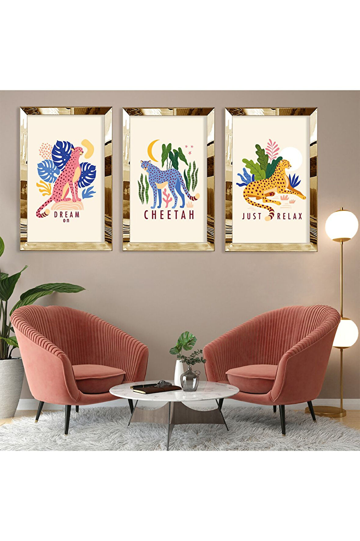 Çita Soyut Desen Gümüş Pleksi Kenar Üçlü Mdf Tablo Seti