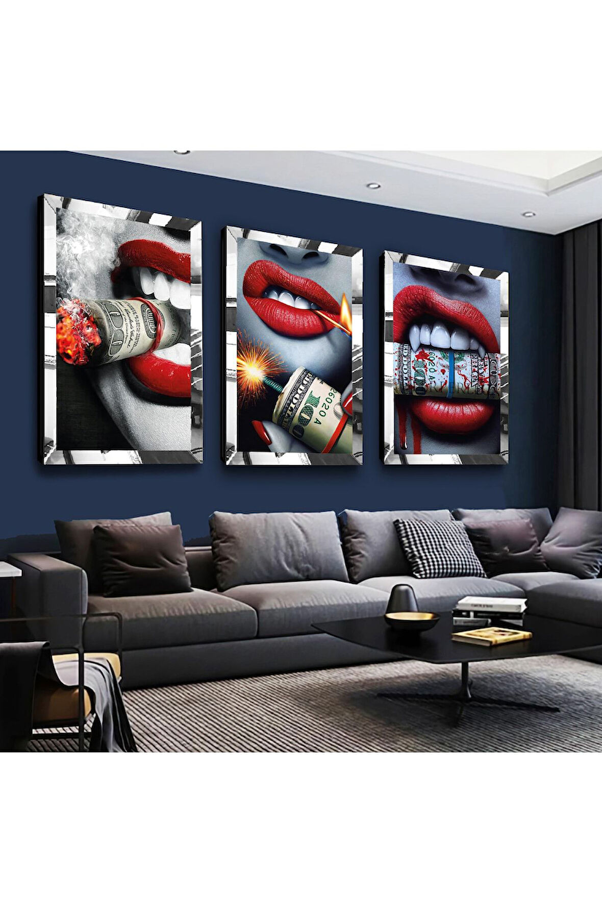 Gümüş Aynalı Pleksi Çerçeveli Allah Lafzı Gümüş Üçlü Mdf Tablo Seti