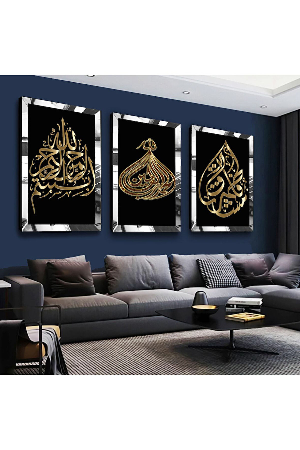 Gold Aynalı Pleksi Çerçeveli Allah Muhammed Lafzı Dini Üçlü Mdf Tablo Seti