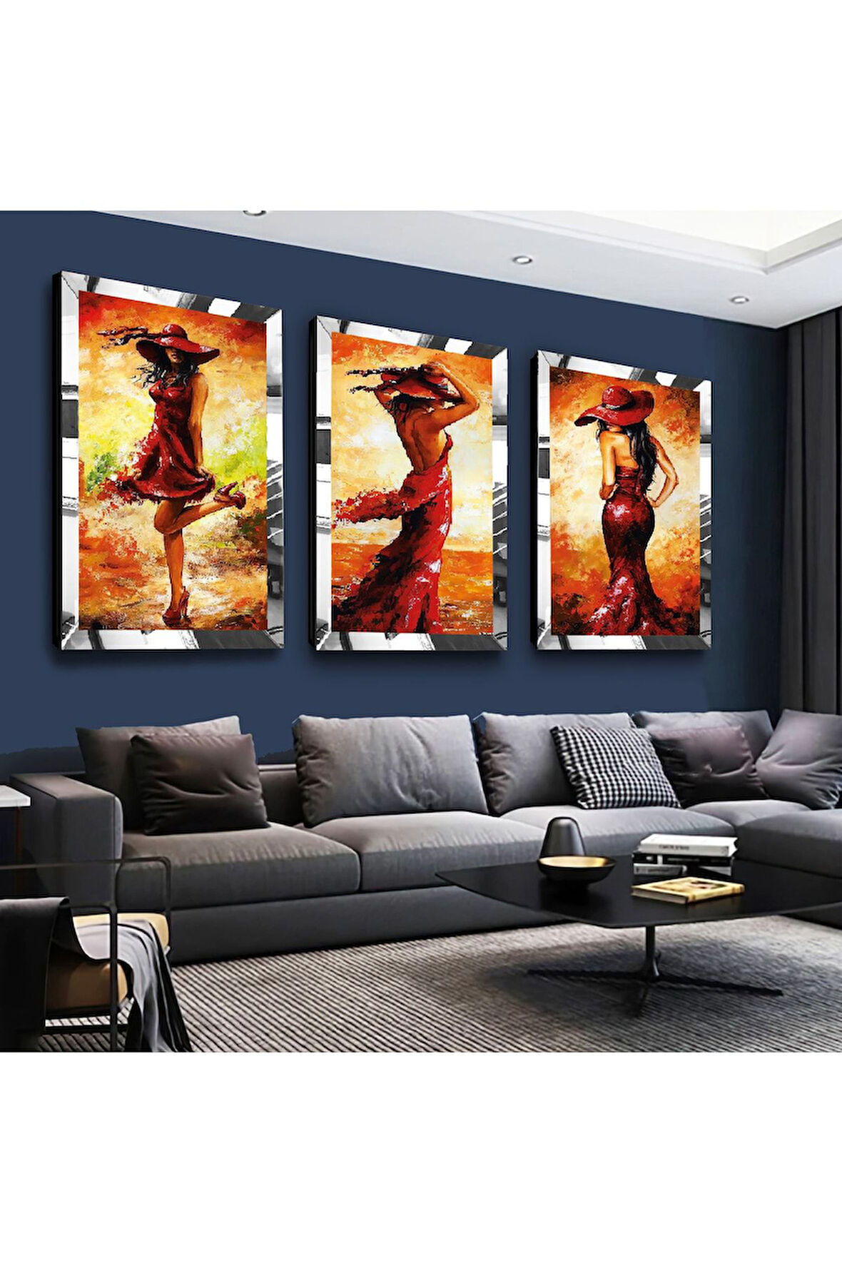 Gümüş Aynalı Pleksi Çerçeveli Kolaj Çizim Genç Kadın Gümüş Üçlü Mdf Tablo Seti