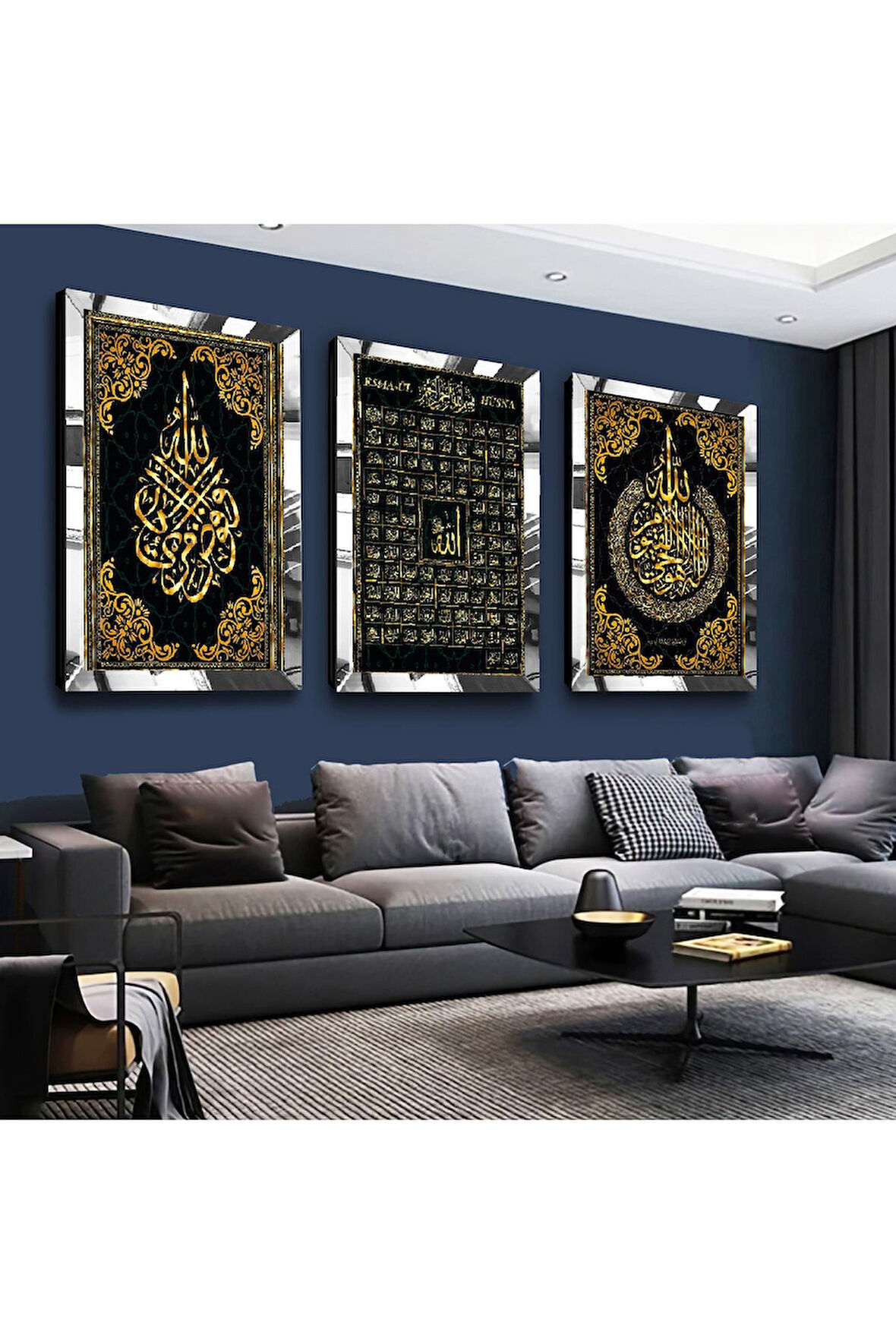 Gümüş Aynalı Pleksi Çerçeveli Esmaül Hüsna Dini Gümüş Üçlü Mdf Tablo Seti