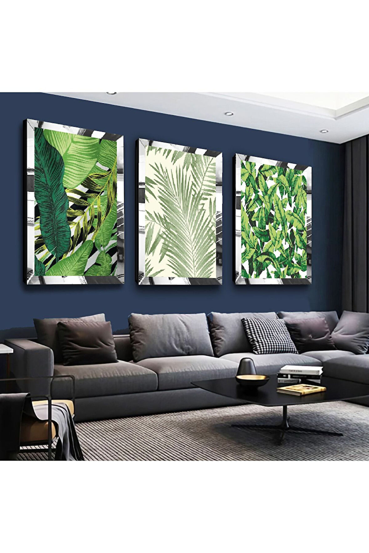 Gold Aynalı Pleksi Çerçeveli Yeşil Yapraklar Modern Üçlü Mdf Tablo Seti