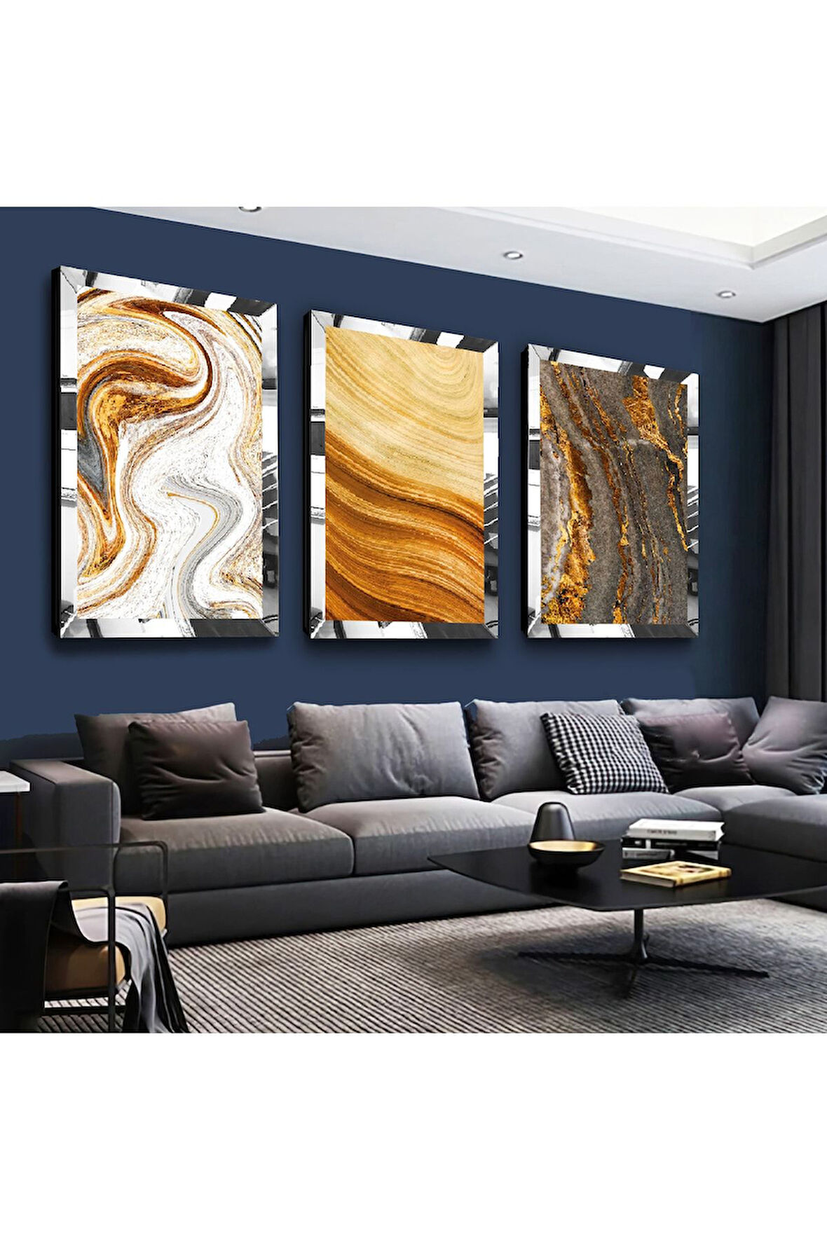 Gold Aynalı Pleksi Çerçeveli Sarı Renk Modern Üçlü Mdf Tablo Seti