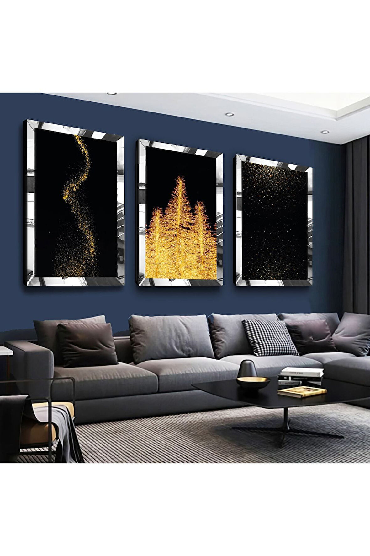 Gümüş Aynalı Pleksi Çerçeveli Altın Sarı Ağaçlar Gümüş Üçlü Mdf Tablo Seti