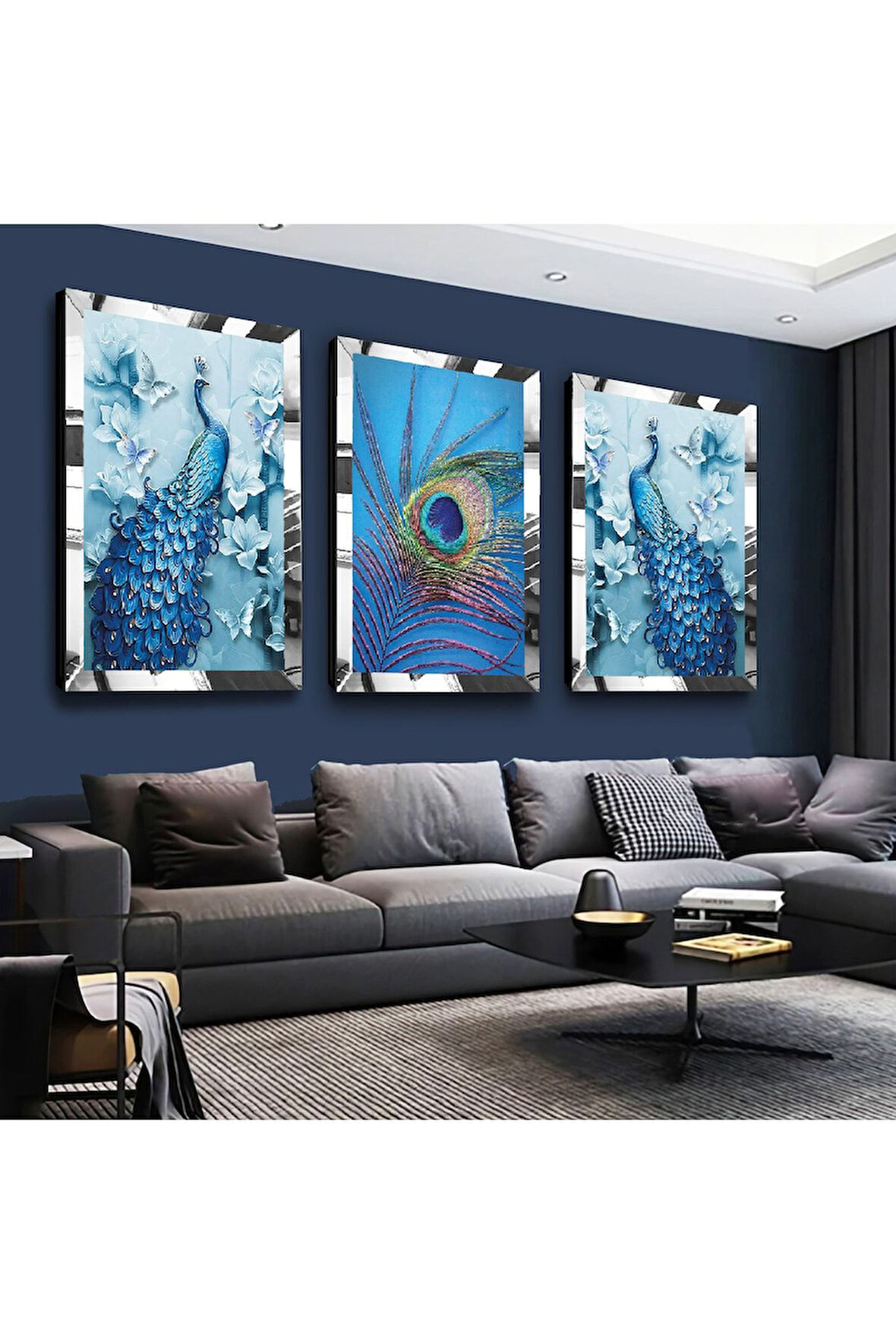 Gold Aynalı Pleksi Çerçeveli Mavi Tavus Kuşu Üçlü Mdf Tablo Seti