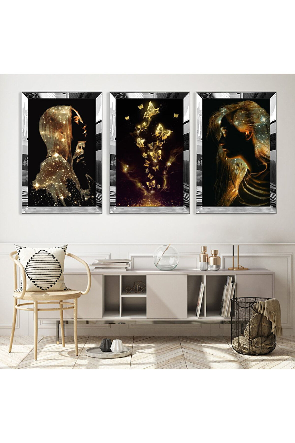 Gümüş Aynalı Pleksi Çerçeveli Modern Çizim Altın Kadın Ve Kelebek Gümüş Üçlü Mdf Tablo Seti