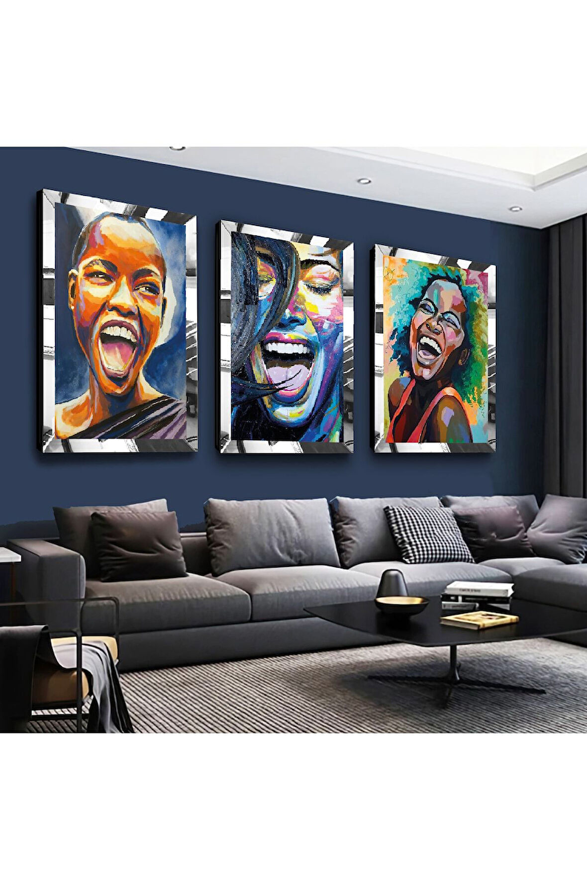 Gold Aynalı Pleksi Çerçeveli Afrikalı Üçlü Mdf Tablo Seti