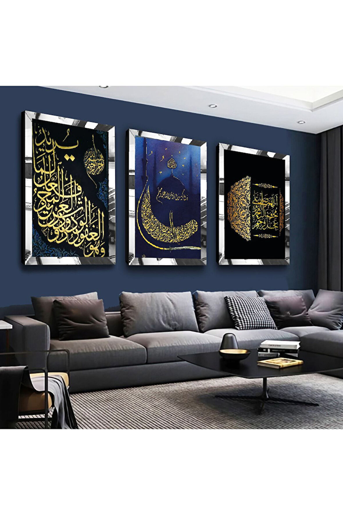 Gümüş Aynalı Pleksi Çerçeveli Aşk-ı Menzil Cami Gümüş Üçlü Mdf Tablo Seti