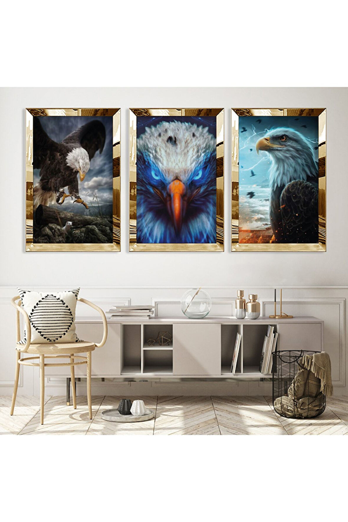 Gold Aynalı Pleksi Çerçeveli Kartal Üçlü Mdf Tablo Seti