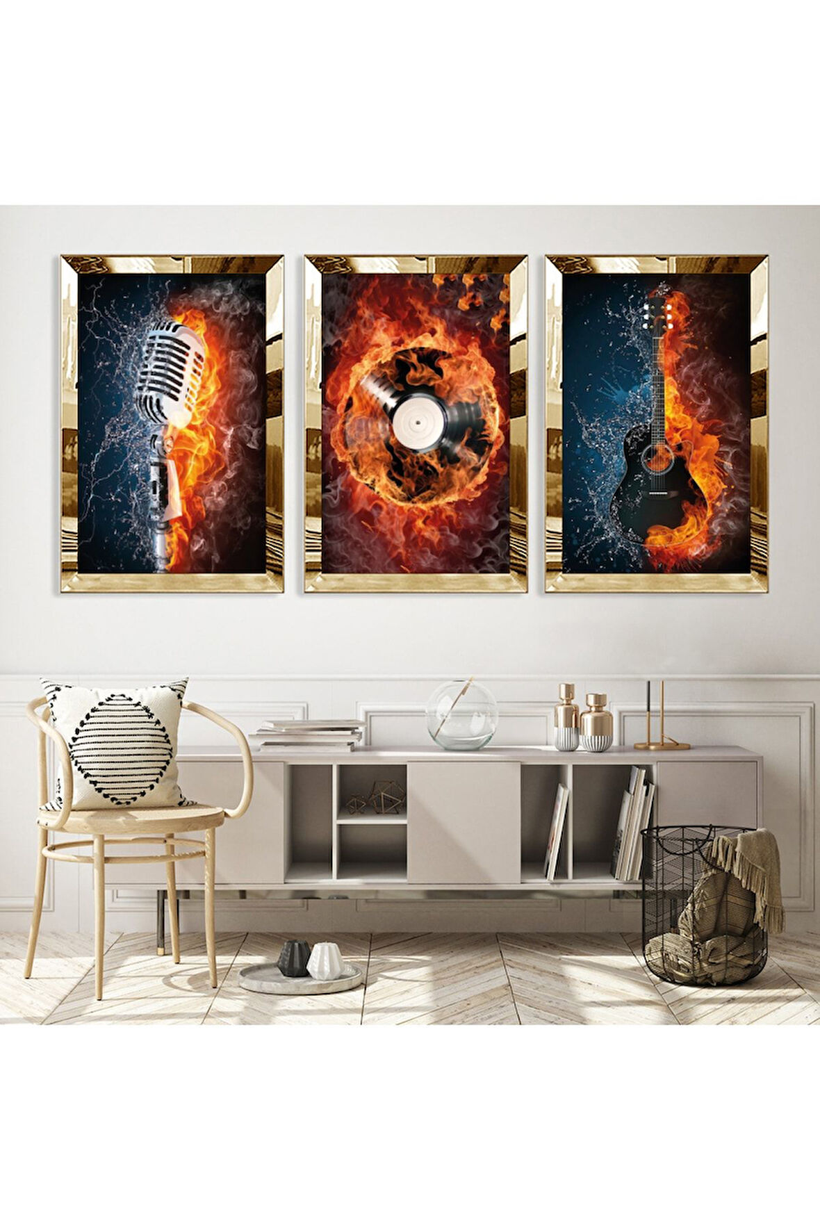 Gold Aynalı Pleksi Çerçeveli Alev Müzik Üçlü Mdf Tablo Seti