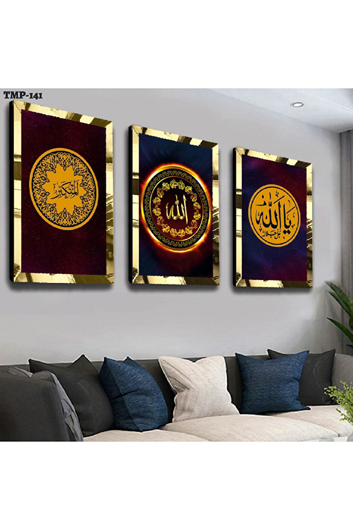 Gold Aynalı Pleksi Çerçeveli Allah Lafzı Dini Üçlü Mdf Tablo Seti
