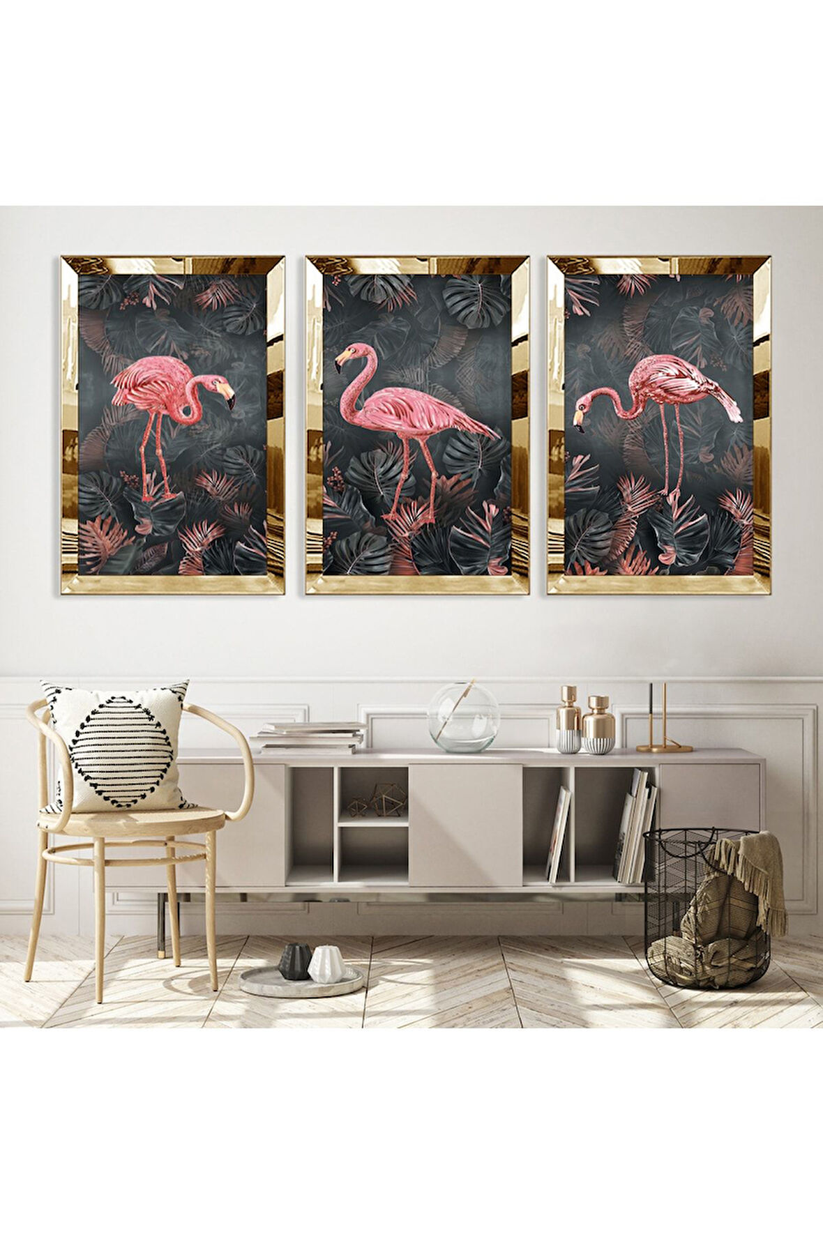 Gold Aynalı Pleksi Çerçeveli Flamingo Üçlü Mdf Tablo Seti