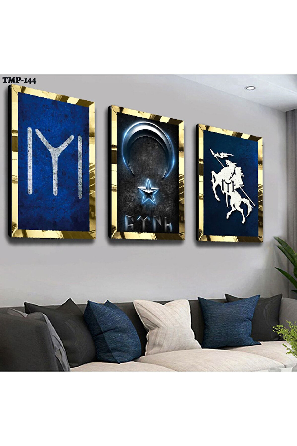 Gold Aynalı Pleksi Çerçeveli Kayı Boyu Üçlü Mdf Tablo Seti