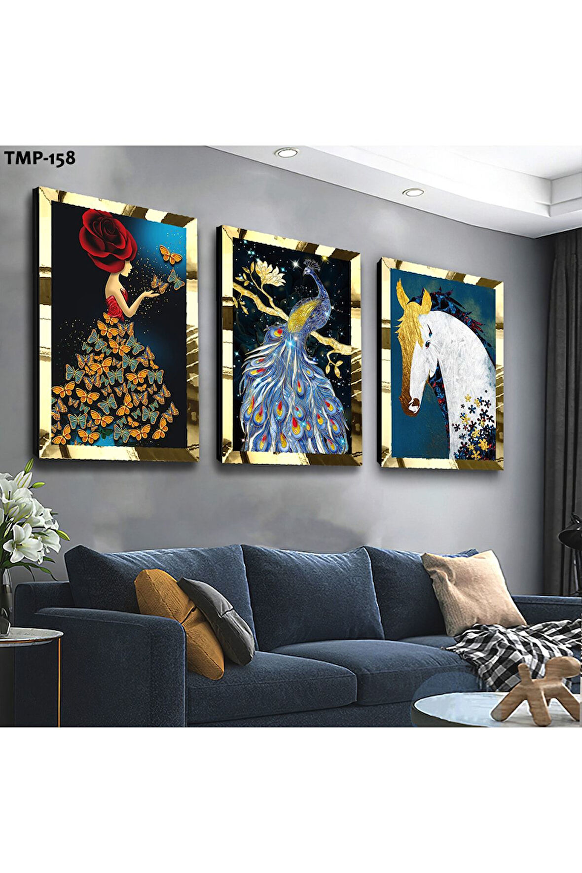 Gümüş Aynalı Pleksi Çerçeveli Hayvan Figürlü Üçlü Mdf Tablo Seti