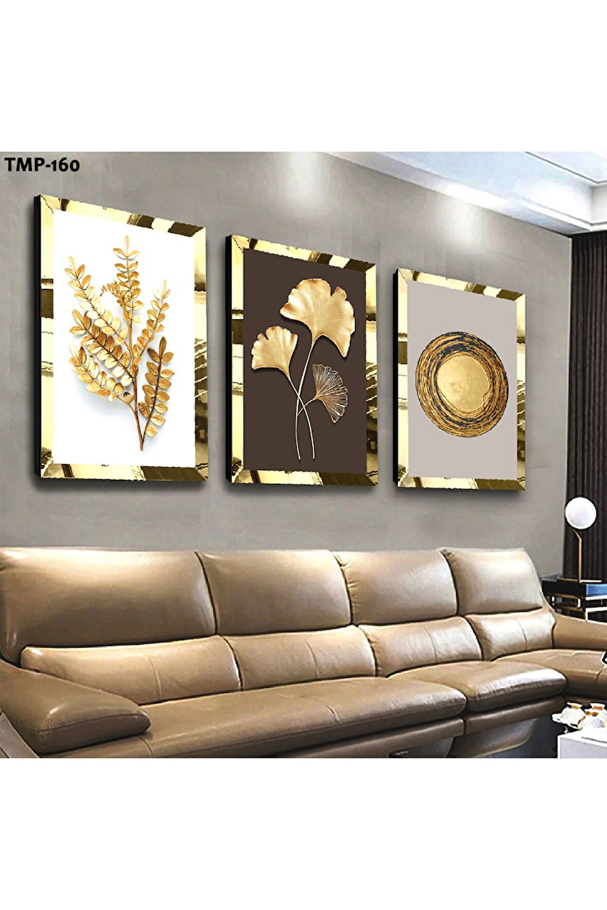 Gold Aynalı Pleksi Çerçeveli Çiçek Üçlü Mdf Tablo Seti